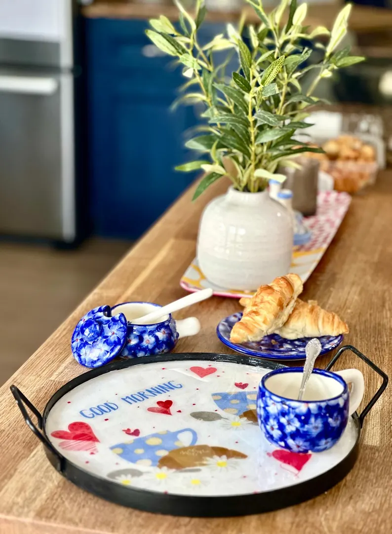 serving tray coffee croissant wooden handmade