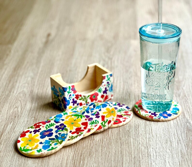 coaster set holder floral handmade
