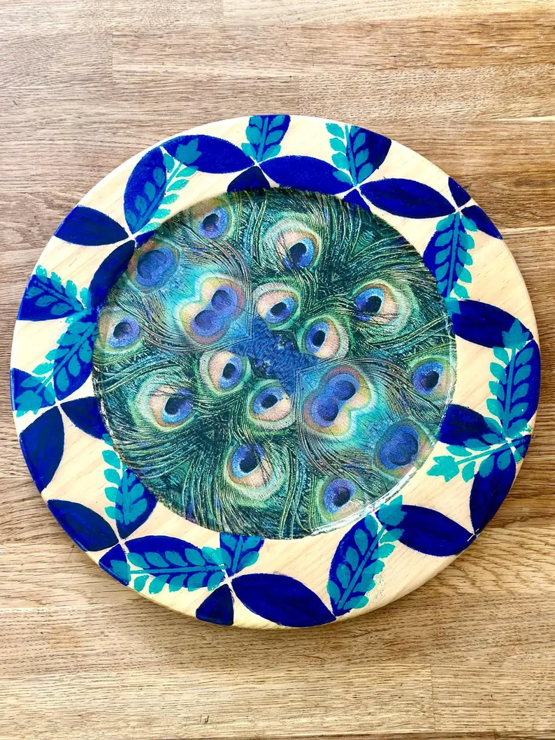peacock feather round plate tray 