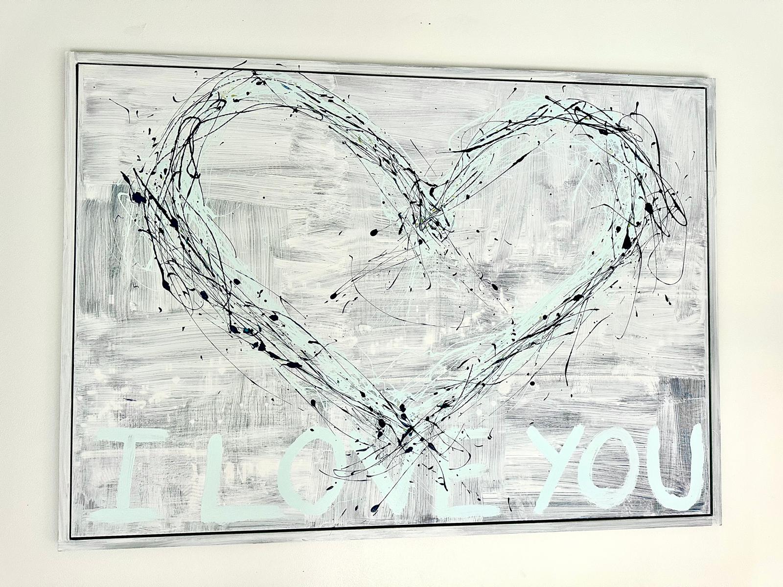 Abstract heart artwork with black expressive lines, soft aqua accents and the words I LOVE YOU on a textured neutral background.
