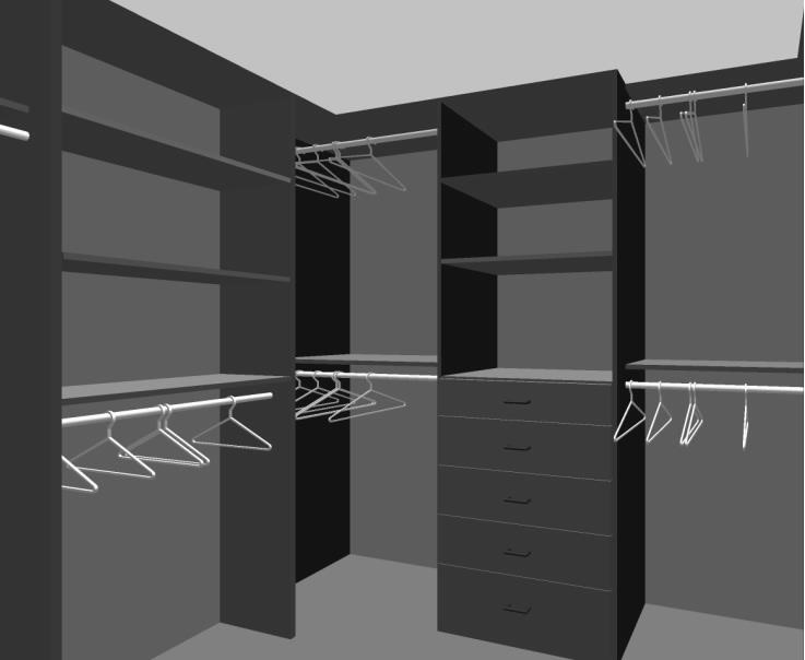 Dark charcoal master walk-in closet with custom shelving, drawers and hanging storage.
