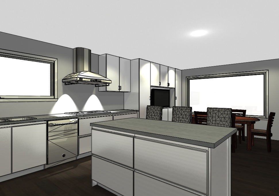 3D interior design rendering of a contemporary living room with modern furnishings and an integrated entertainment area.