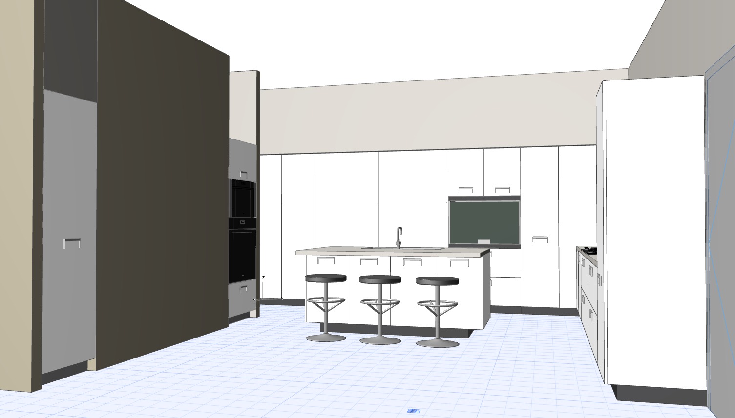 3D rendering of a contemporary Arclinea kitchen with white cabinetry, central island and bar seating.