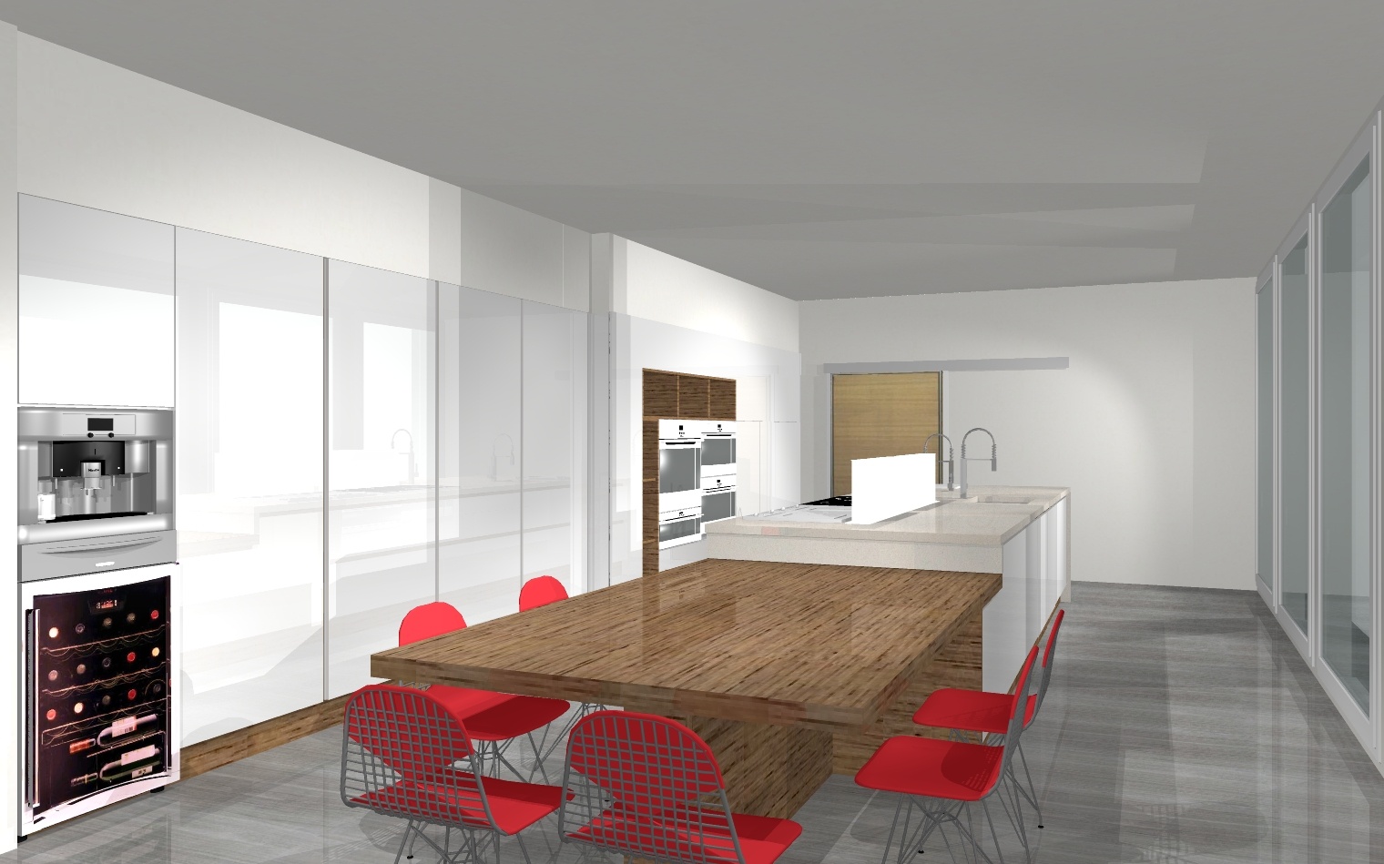 Contemporary kitchen design with large wood and white island, integrated cabinetry and red dining chairs.